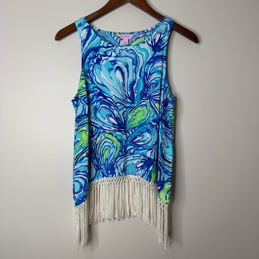 Lilly Pulitzer‎ Sonya Sleeveless Fringe Top Oh Shucks Sparkling Blue Sz 2
